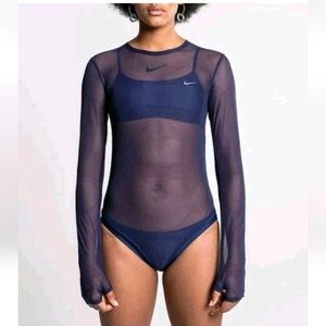 NIKE SPORTSWEAR CITY READY MESH TIGHT FIT BODYSUIT TOP SHEER BLUE HIGH CUT S